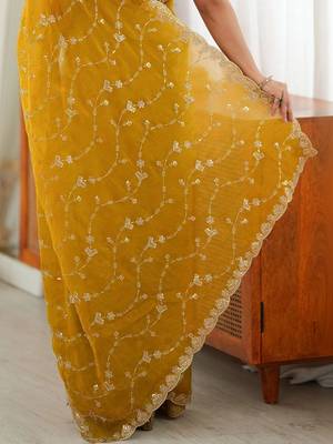 Mustard embellished embroidered tissue designer saree 5