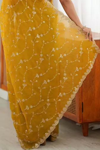 Mustard embellished embroidered tissue designer saree