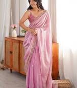 Pink embellished beads and stones satin designer saree