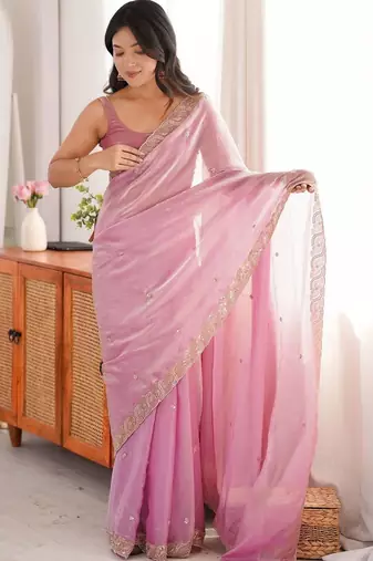 Pink embellished beads and stones satin designer saree