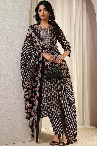 women ethnic motifs printed regular thread work kurta with trousers & with dupatta