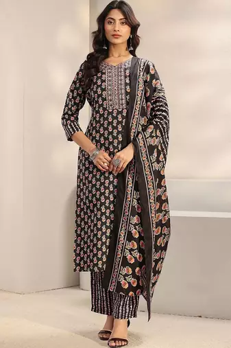 women ethnic motifs printed regular thread work kurta with trousers & with dupatta