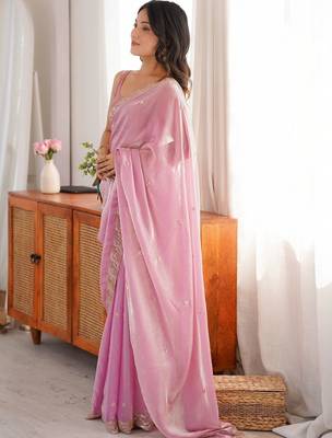 Pink embellished beads and stones satin designer saree 5