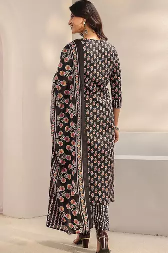 women ethnic motifs printed regular thread work kurta with trousers & with dupatta