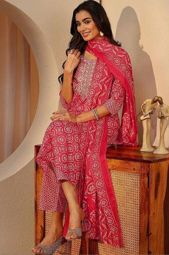 red ethnic printed cotton blend straight suit set