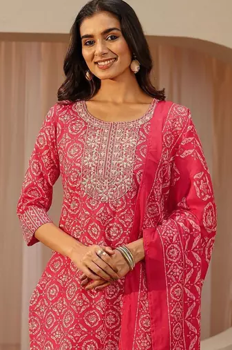red ethnic printed cotton blend straight suit set