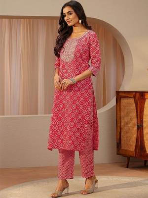 red ethnic printed cotton blend straight suit set 4