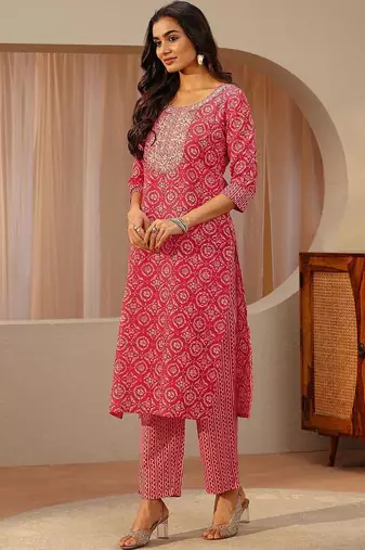 red ethnic printed cotton blend straight suit set