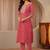 red ethnic printed cotton blend straight suit set