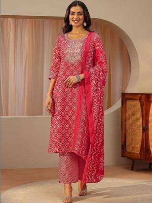 red ethnic printed cotton blend straight suit set 5