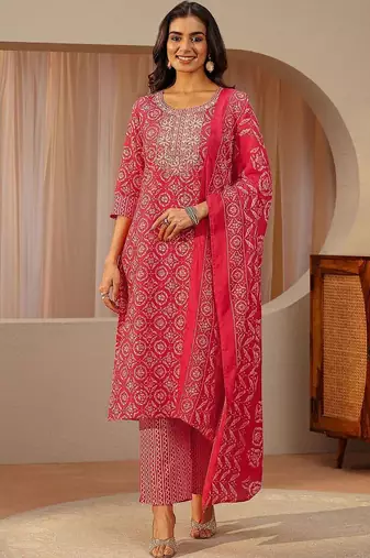 red ethnic printed cotton blend straight suit set