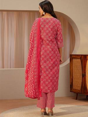 red ethnic printed cotton blend straight suit set 6