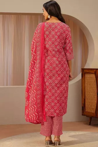 red ethnic printed cotton blend straight suit set