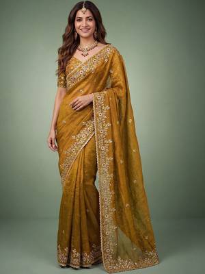 Gold embellished embroidered  chiffon heavy work saree 1