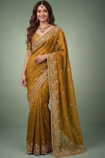 Gold embellished embroidered  chiffon heavy work saree