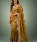 Gold embellished embroidered  chiffon heavy work saree