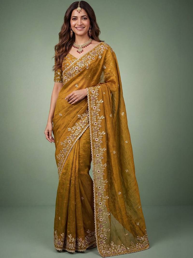 Gold embellished embroidered  chiffon heavy work saree