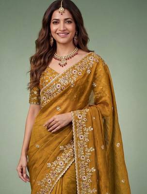 Gold embellished embroidered  chiffon heavy work saree 2