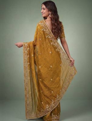 Gold embellished embroidered  chiffon heavy work saree 3