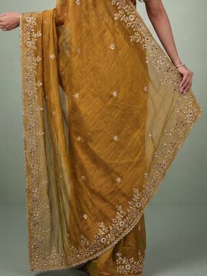 Gold embellished embroidered  chiffon heavy work saree 5