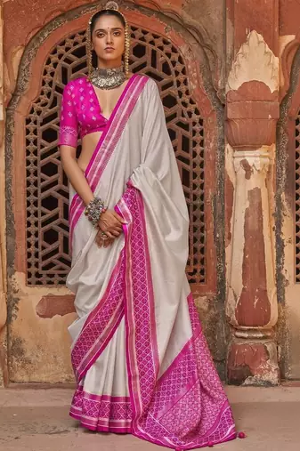 Off white zari silk blend designer patola saree