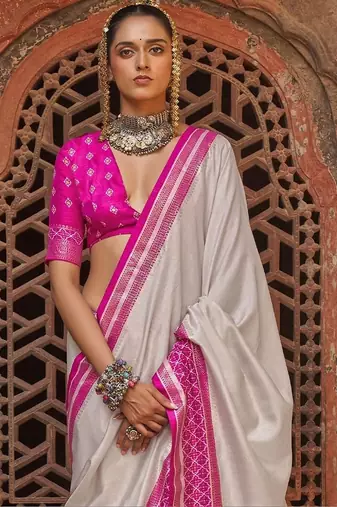 Off white zari silk blend designer patola saree