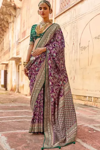 Purple kalamkari silk blend designer saree