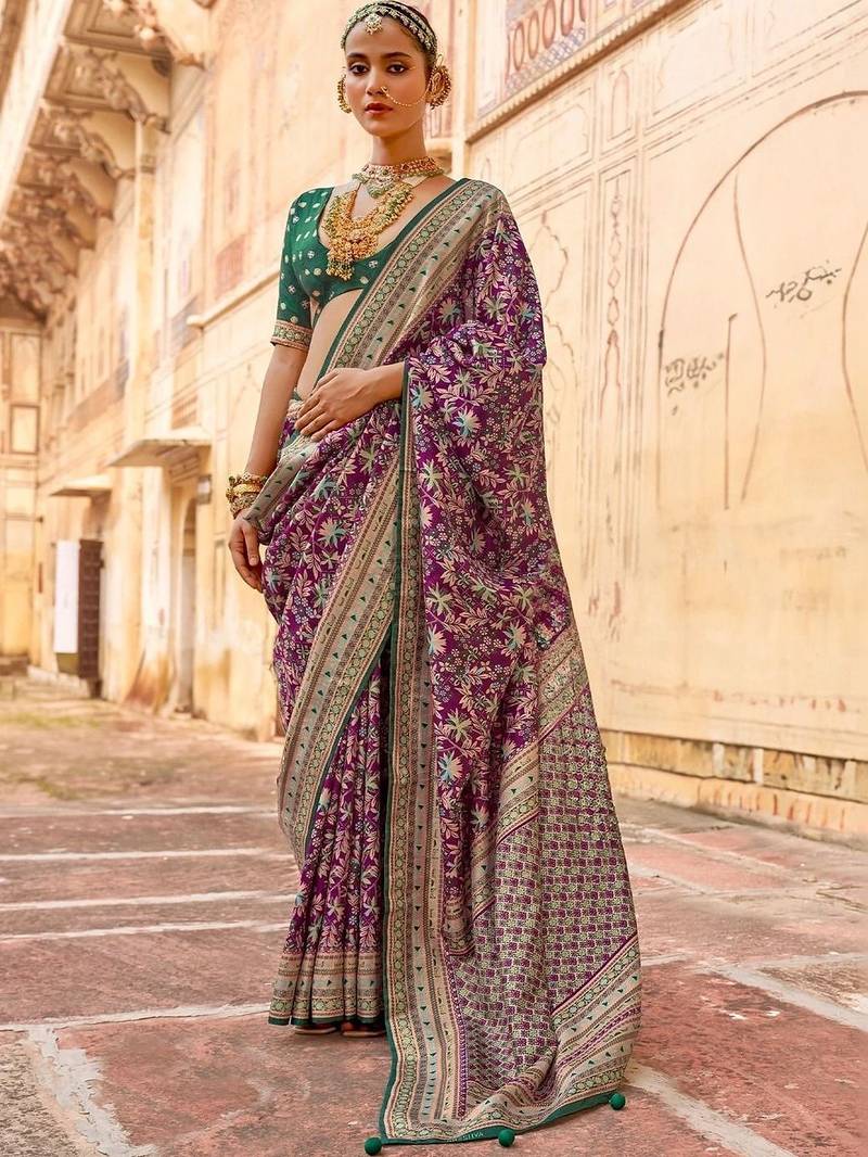 Purple kalamkari silk blend designer saree