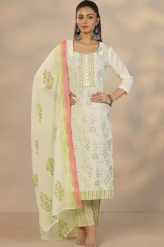 women ethnic motifs printed regular thread work kurta with trousers & with dupatta