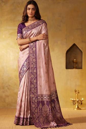 Pink woven design zari silk blend designer saree