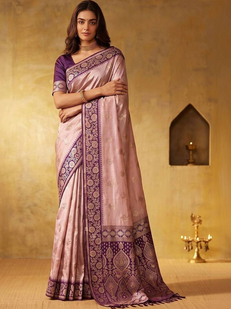Pink woven design zari silk blend designer saree