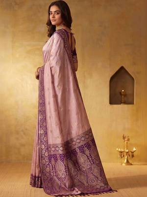 Pink woven design zari silk blend designer saree 3