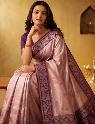 Pink woven design zari silk blend designer saree 4