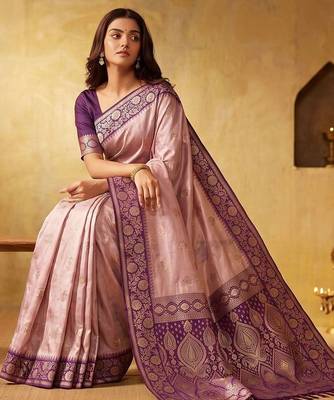 Pink woven design zari silk blend designer saree 5