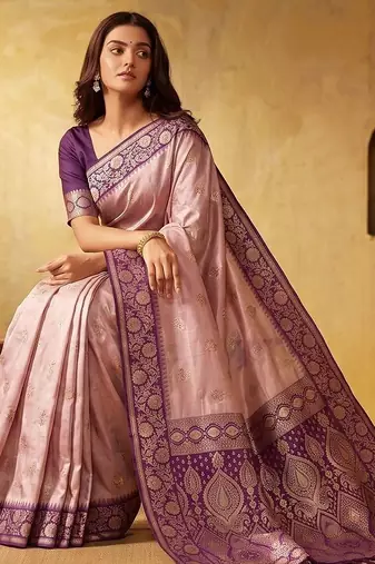 Pink woven design zari silk blend designer saree