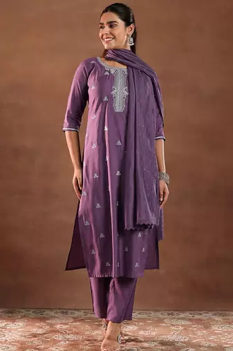 floral embroidered straight gotta patti kurta with trousers & dupatta