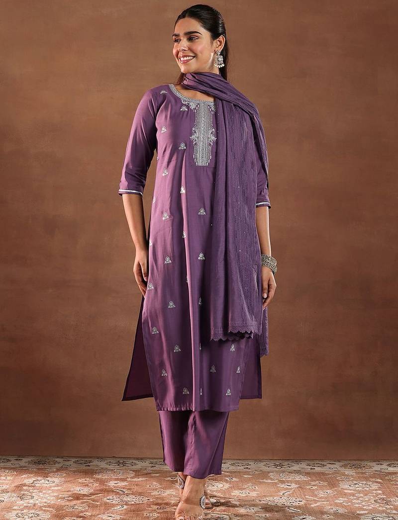 floral embroidered straight gotta patti kurta with trousers & dupatta