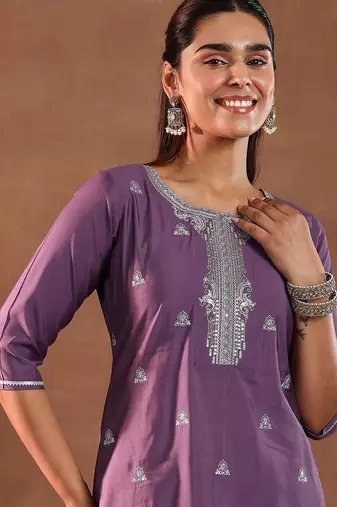 floral embroidered straight gotta patti kurta with trousers & dupatta