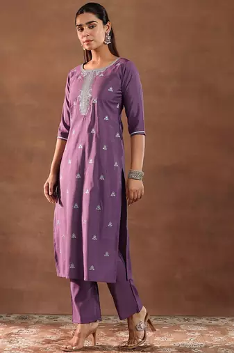 floral embroidered straight gotta patti kurta with trousers & dupatta