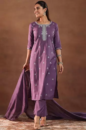 floral embroidered straight gotta patti kurta with trousers & dupatta