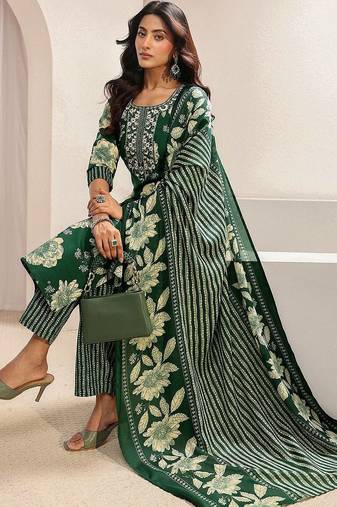 women floral printed regular thread work kurta with trousers & with dupatta