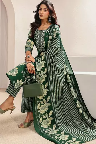 women floral printed regular thread work kurta with trousers & with dupatta
