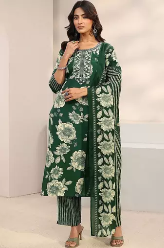 women floral printed regular thread work kurta with trousers & with dupatta