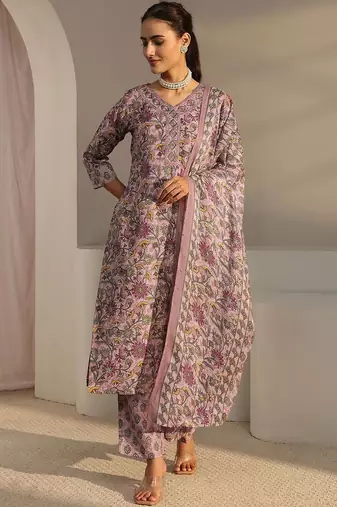 libas pink floral printed straight suit set with dupatta