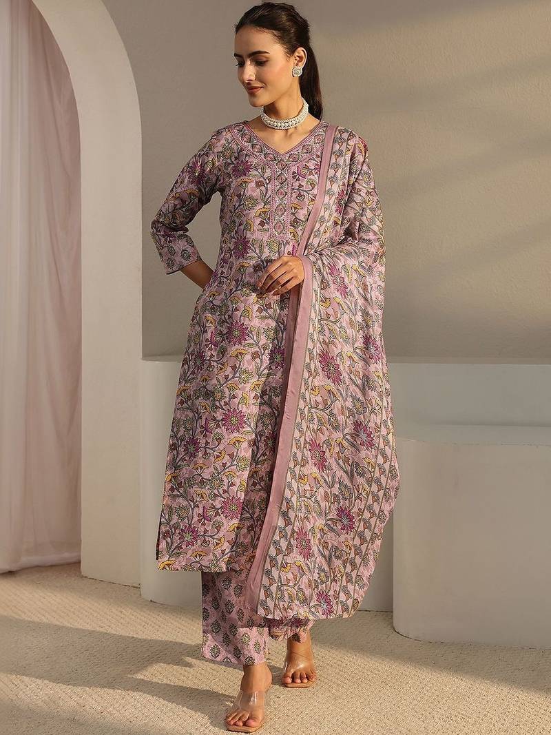 libas pink floral printed straight suit set with dupatta