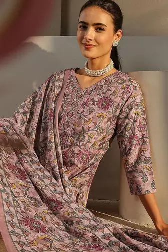 libas pink floral printed straight suit set with dupatta