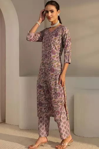 libas pink floral printed straight suit set with dupatta