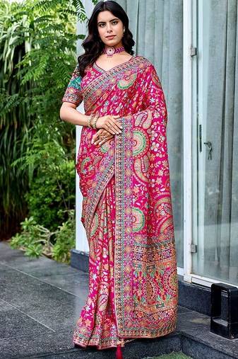 Pink paisley embroidered designer saree