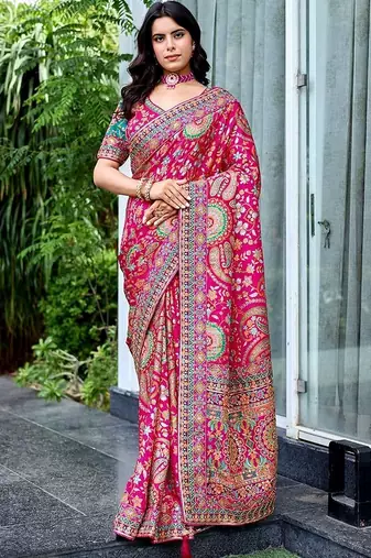 Pink paisley embroidered designer saree