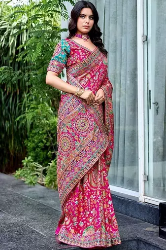 Pink paisley embroidered designer saree